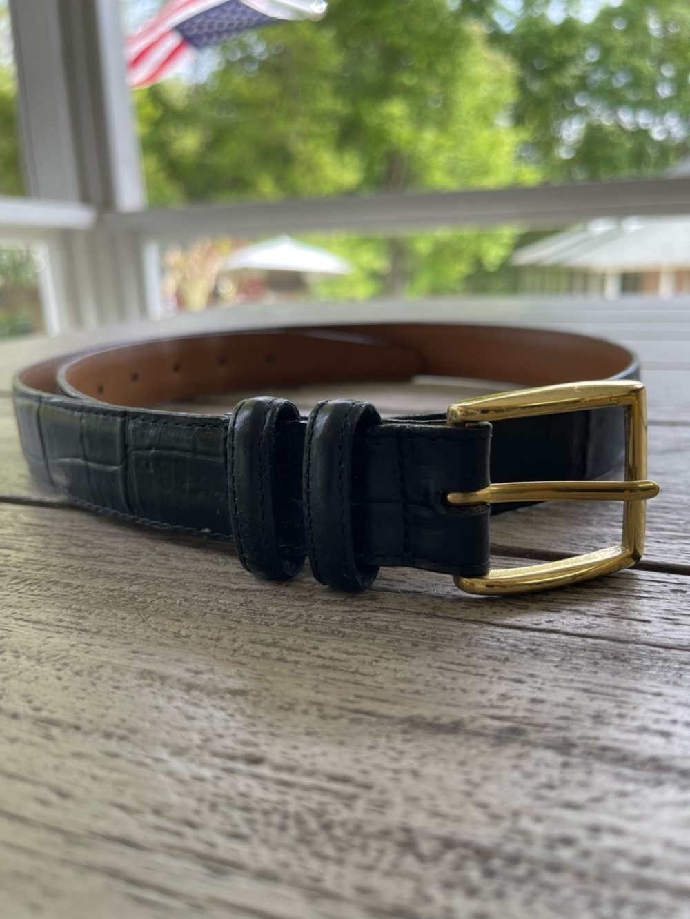 Brighton Classic Black Croc-Embossed Leather Men's Belt with Brass Buckle 36”